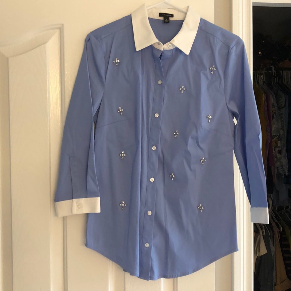 Blue button up bejeweled shirt